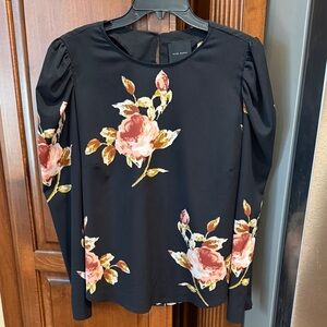 Alex Marie Navy Blouse with Pink and Gold Floral Design